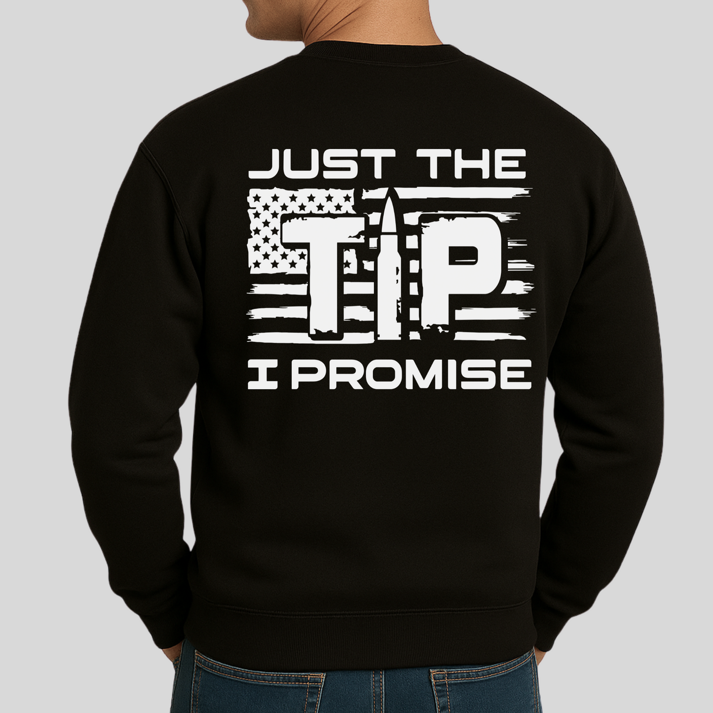 Black sweatshirt with white text and graphic on the back, on a plain background. Just the Tip, Funny 2nd Amendment Shirt