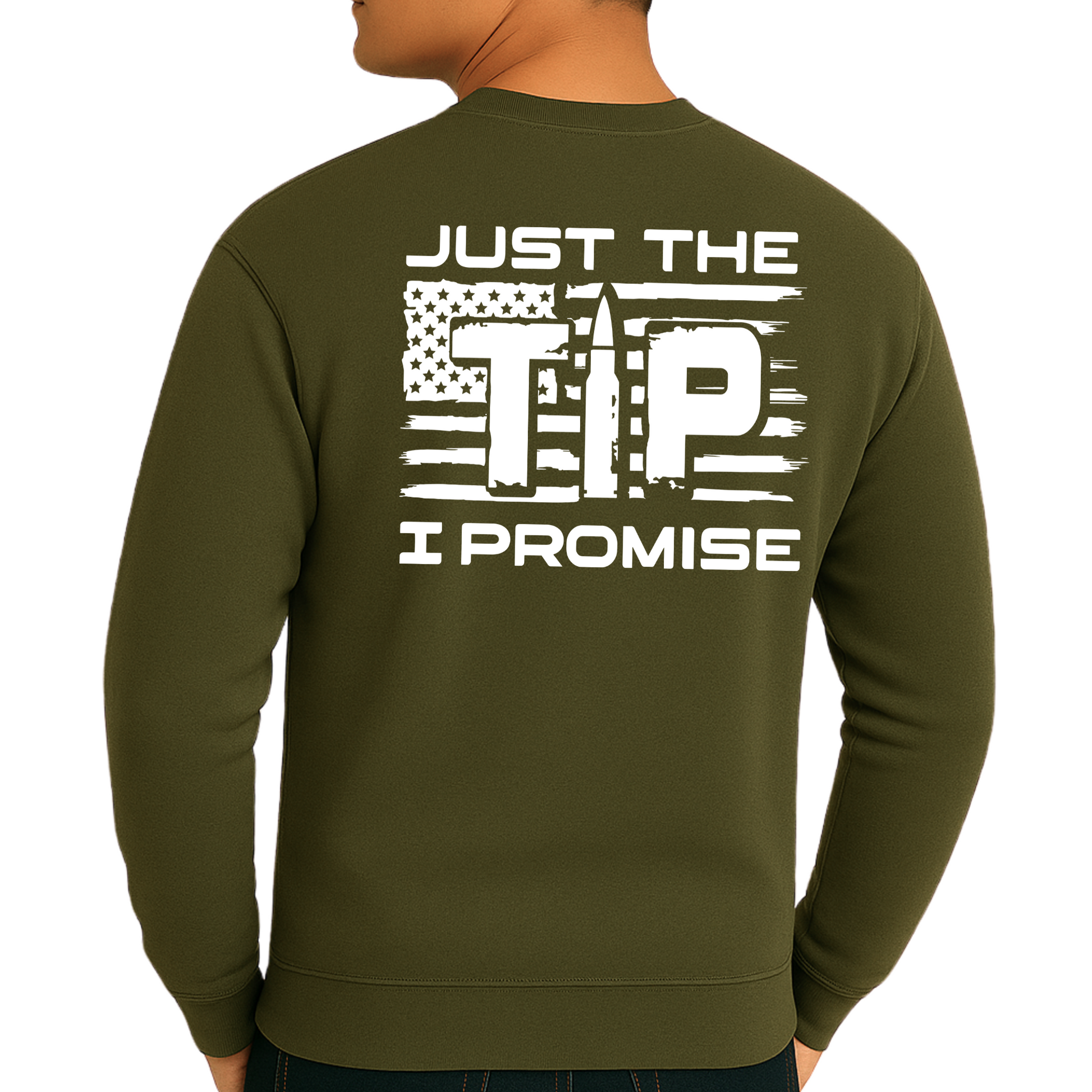 Green 2A sweatshirt with white text and graphic on the back, worn by a person.