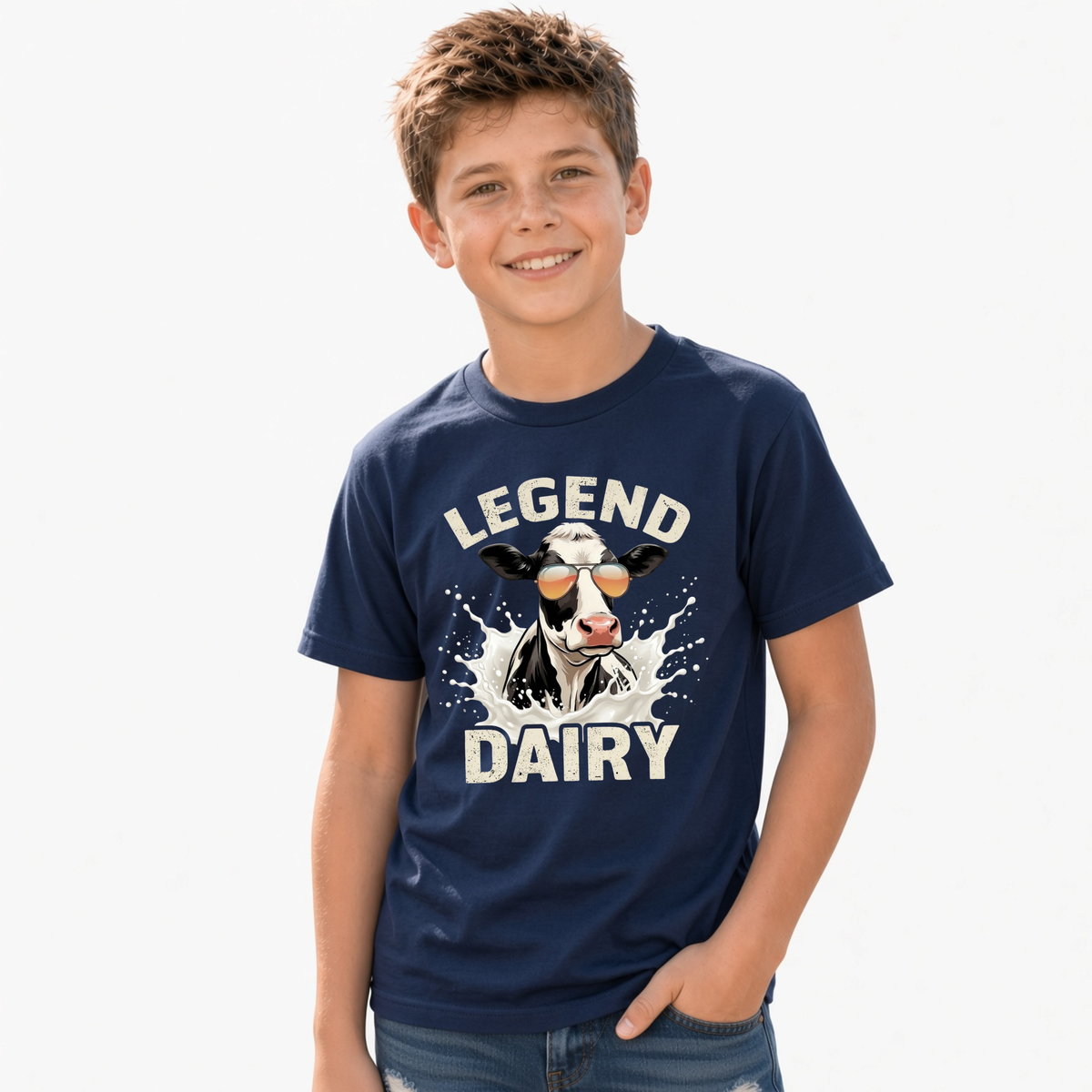 A smiling boy wears a navy T-shirt with a “LEGEND DAIRY” graphic showing a black-and-white cow in sunglasses splashing through milk, against a white background.