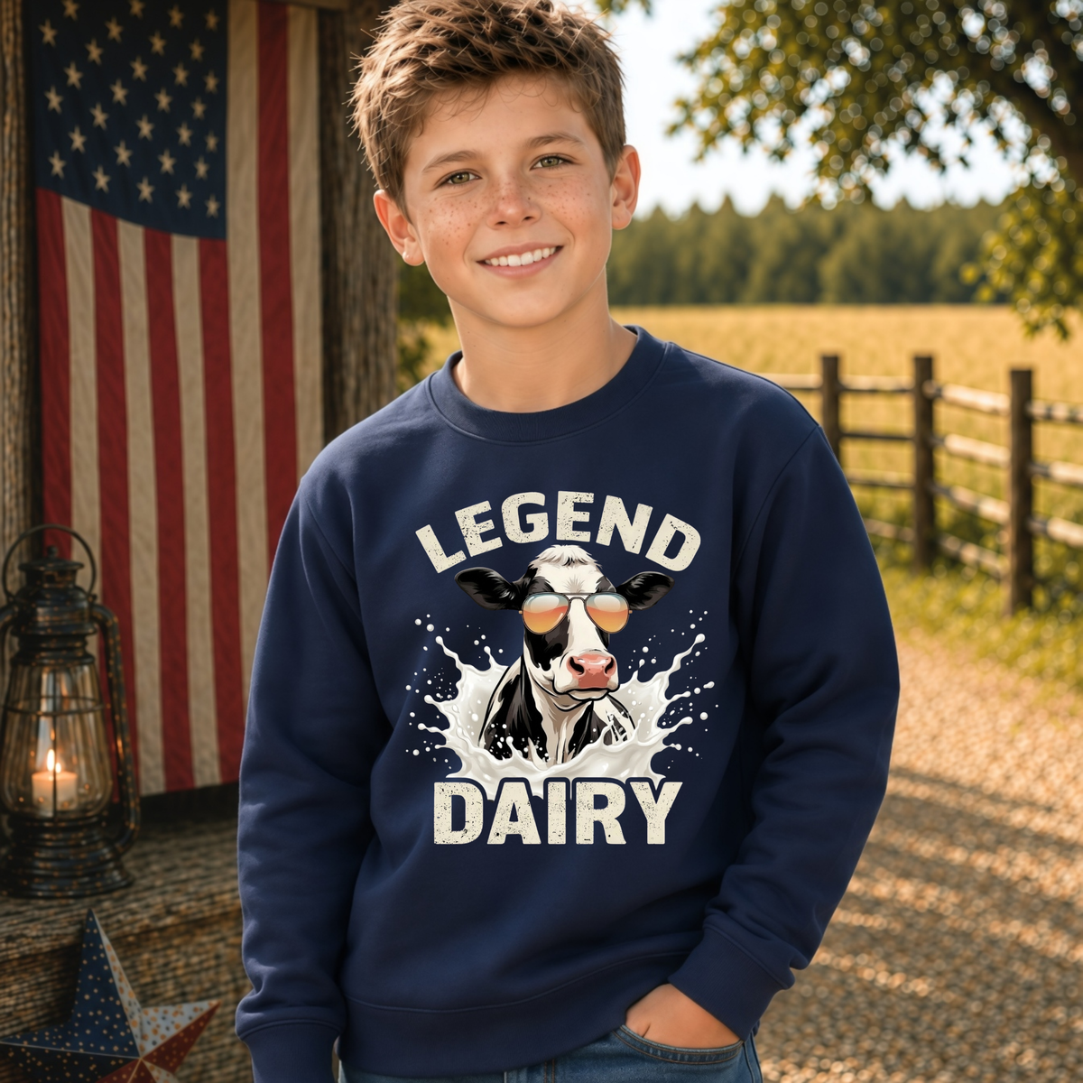 A smiling boy wears a navy crewneck sweatshirt with a “LEGEND DAIRY” graphic showing a black-and-white cow in sunglasses splashing through milk, in a rustic outdoor setting with an American flag.
