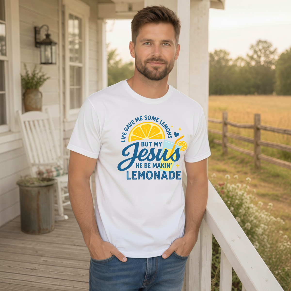 Man modeling a white T-shirt with the Life Gave Me Some Lemons, But My Jesus He Be Makin’ Lemonade faith graphic outdoors.