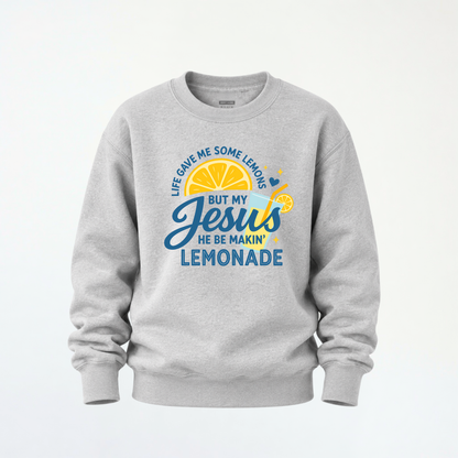 Sports gray youth crewneck sweatshirt shown on a clean background with the Jesus Be Makin’ Lemonade graphic.
