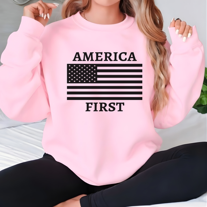 Lifestyle photo of woman wearing light pink America First patriotic women’s unisex hoodie