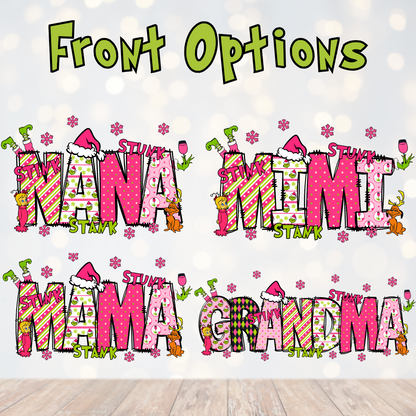 Front design options: Nana, Mimi, Mama, Grandma with pink holiday theme
