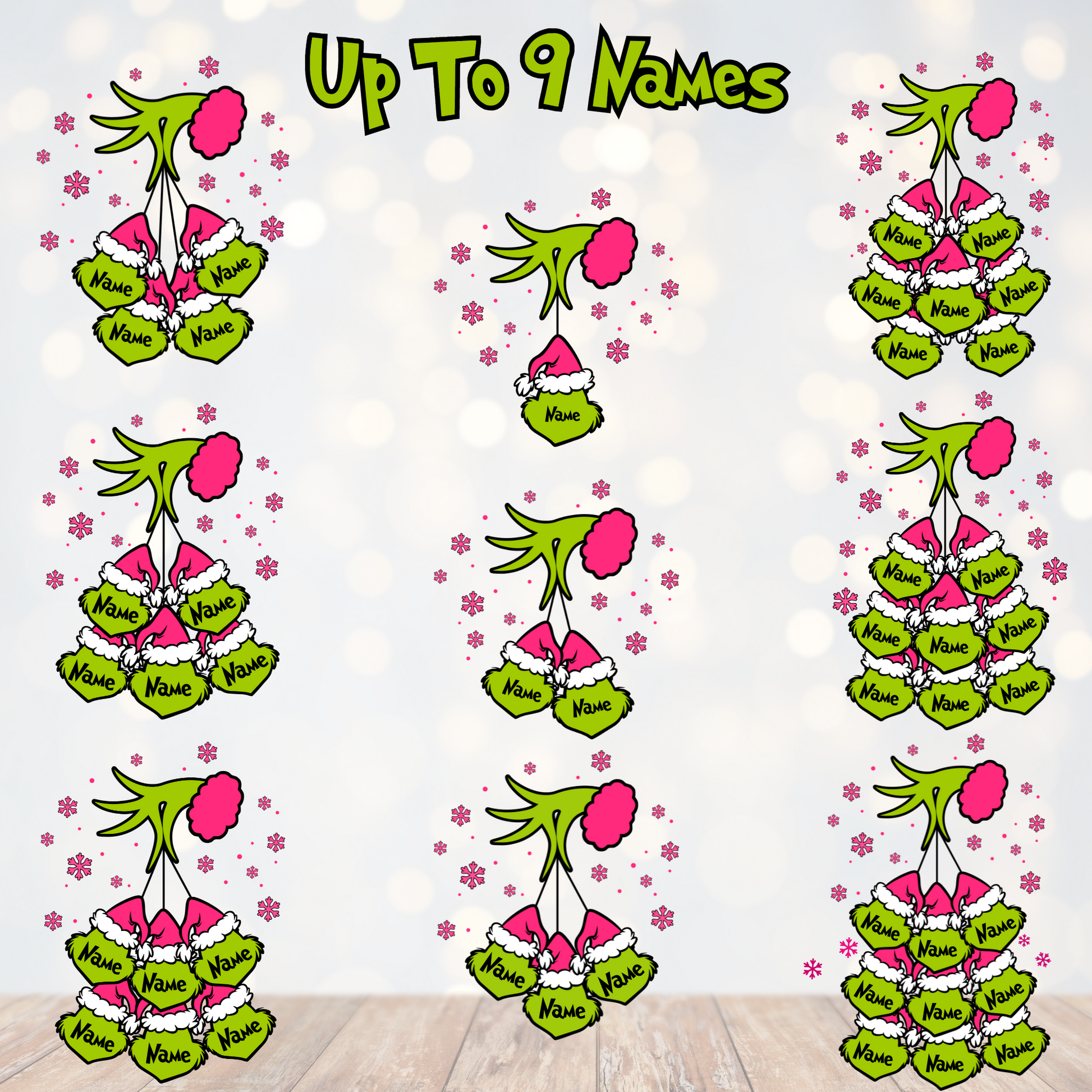 Chart showing 1–9 name options for ornament personalization
