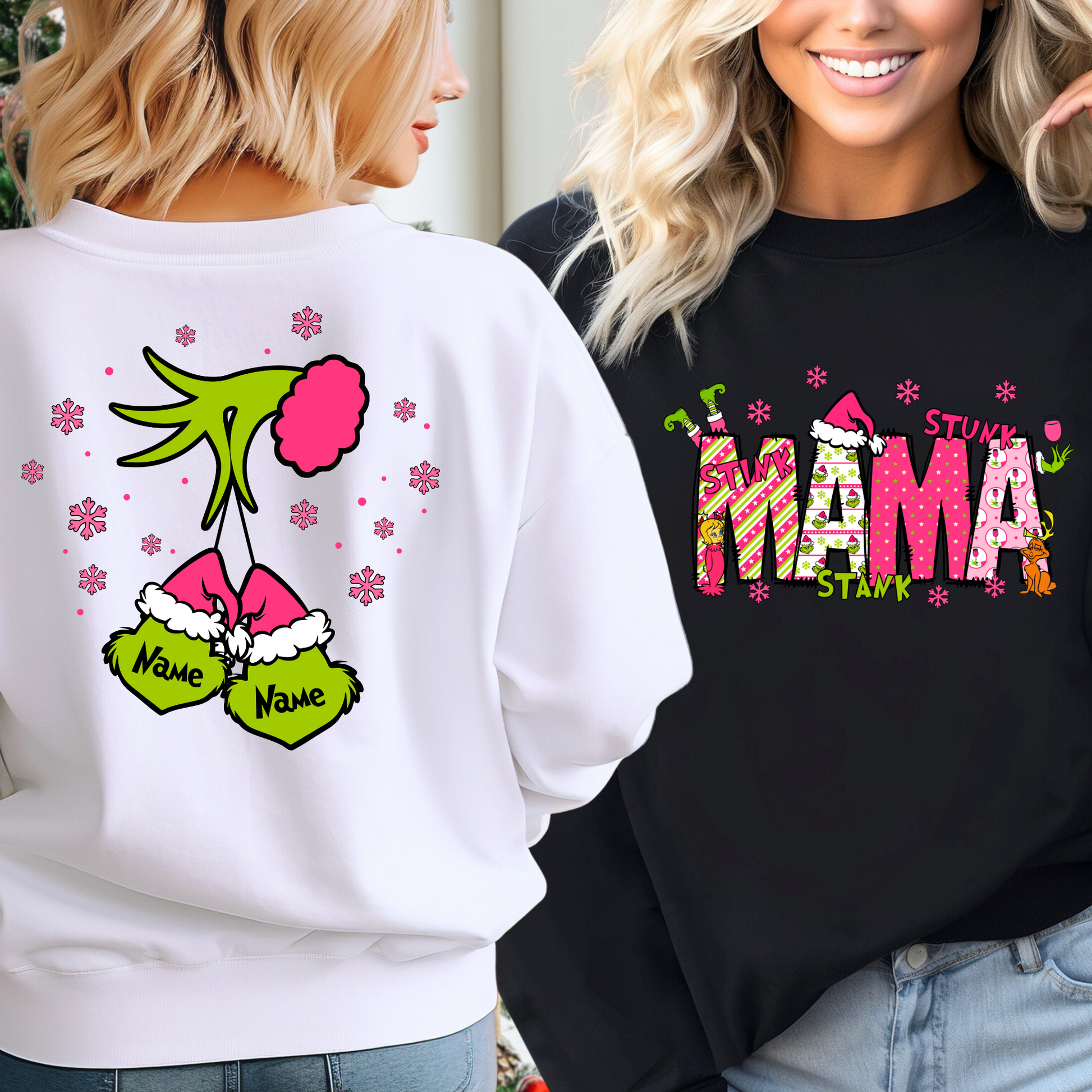White and black sweatshirt mockups showing "Mama" design and 2-name personalized back
