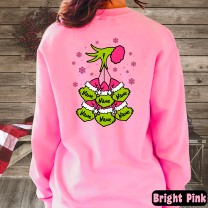 Bright pink sweatshirt with customizable ornament design on back

