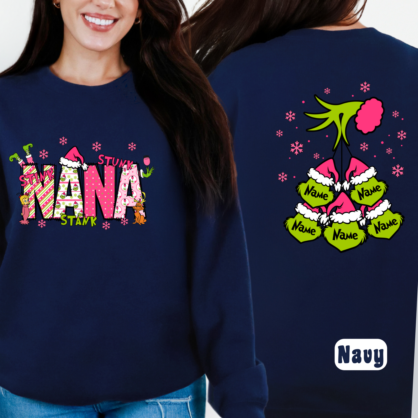 Navy "Nana" sweatshirt with custom ornament names on back


