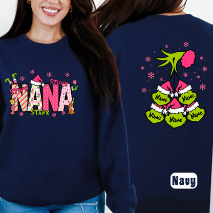 Navy "Nana" sweatshirt with custom ornament names on back

