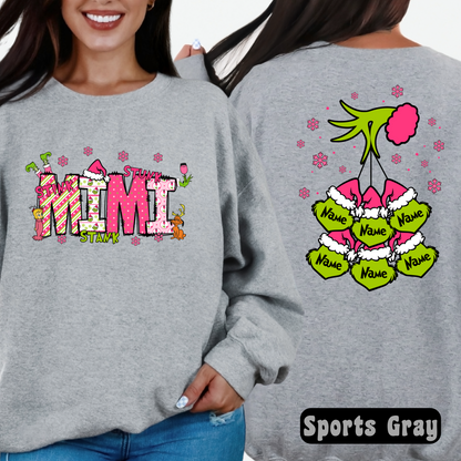 Sports gray sweatshirt with "Mimi" Christmas design and custom name ornaments on back
