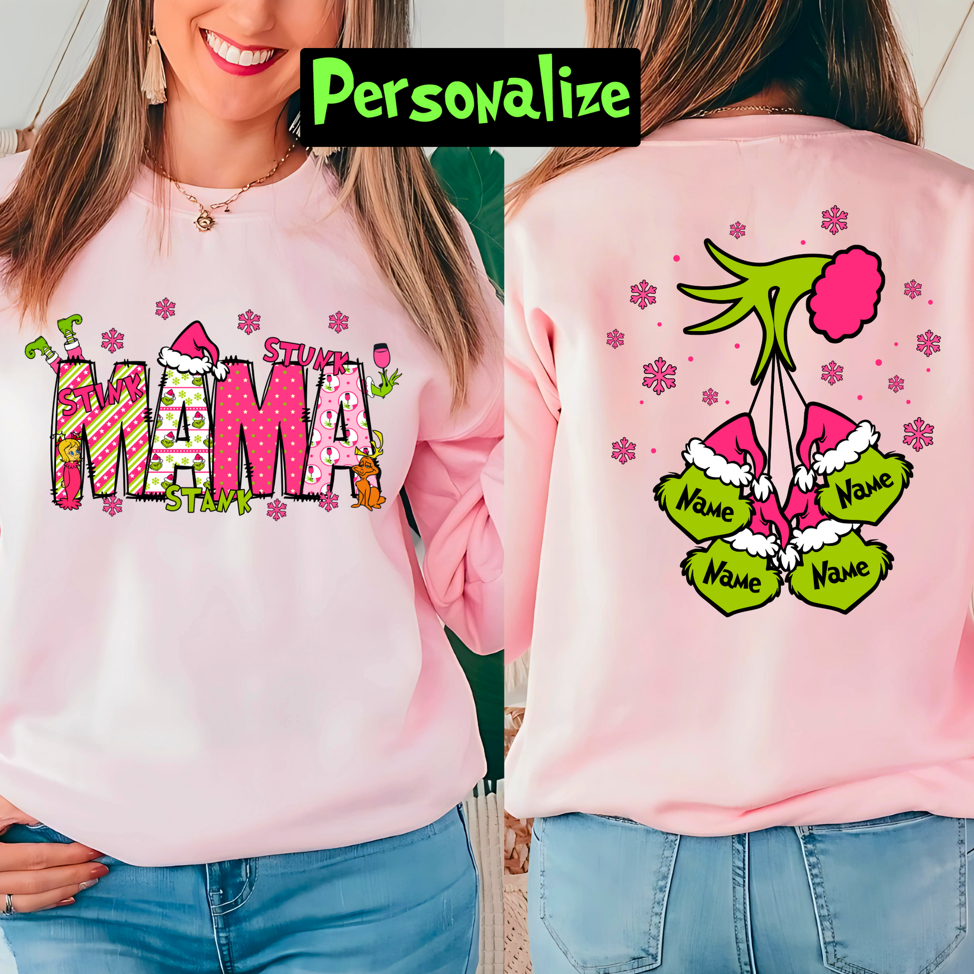 Light pink sweatshirt showcasing personalization option for ornament names