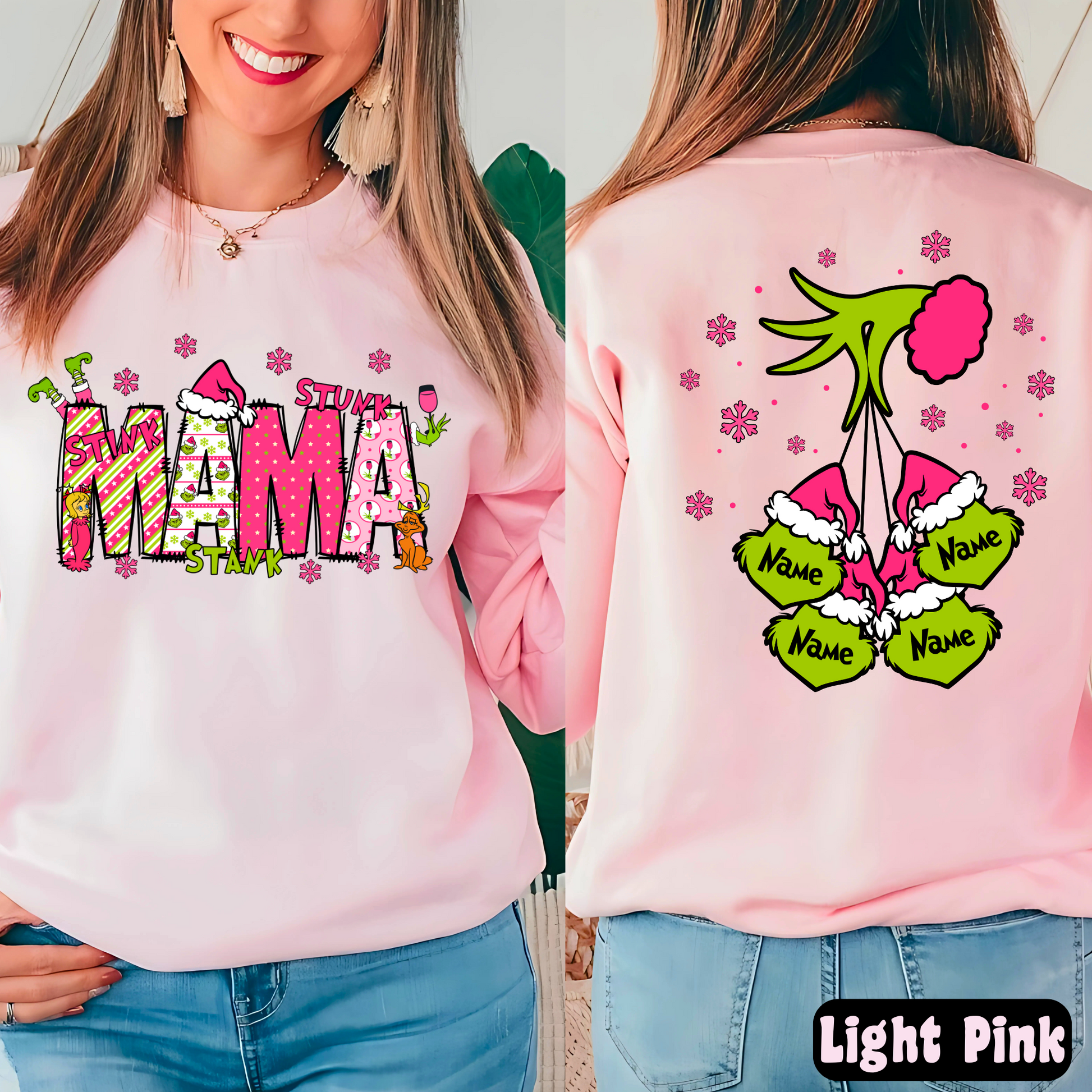 Light pink "Mama" sweatshirt with custom hand and name ornaments on back
