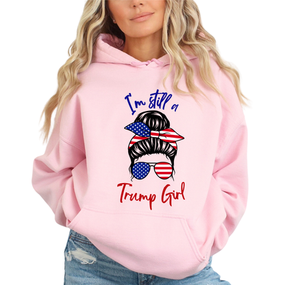 Light Pink Patriotic women’s hoodie with red, white, and blue hair bow and sunglasses design