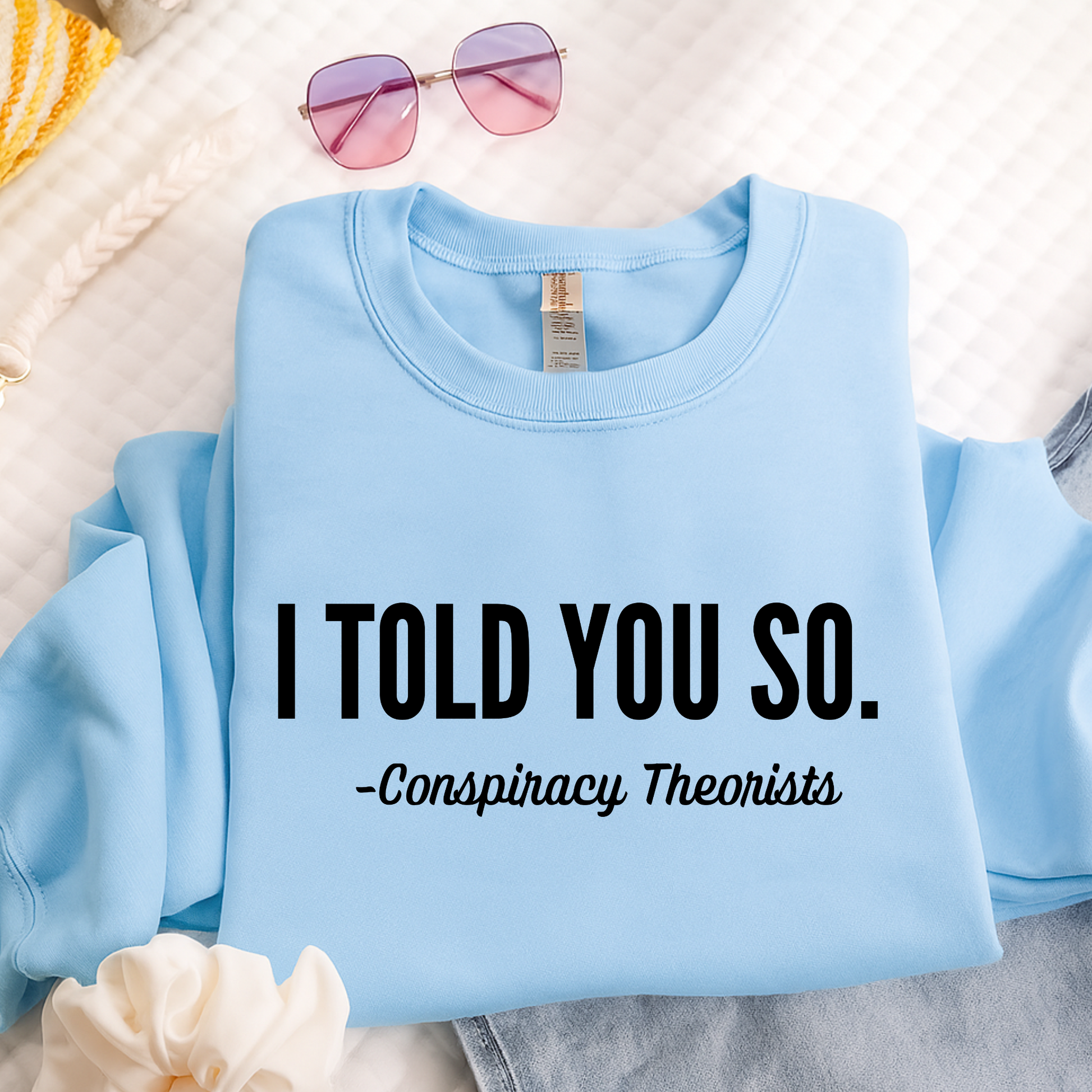 Light blue sweatshirt with text 'I TOLD YOU SO. - Conspiracy Theorists' on a white background.