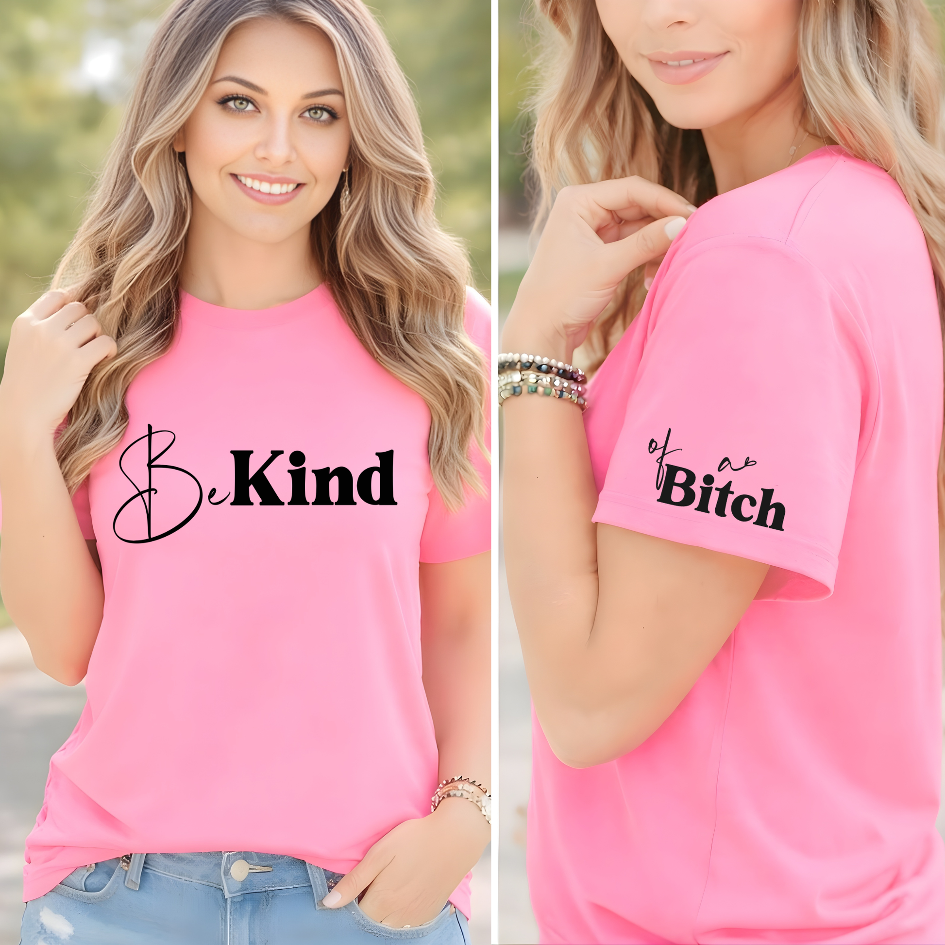 Light pink Be Kind shirt with hidden sleeve message front and side view