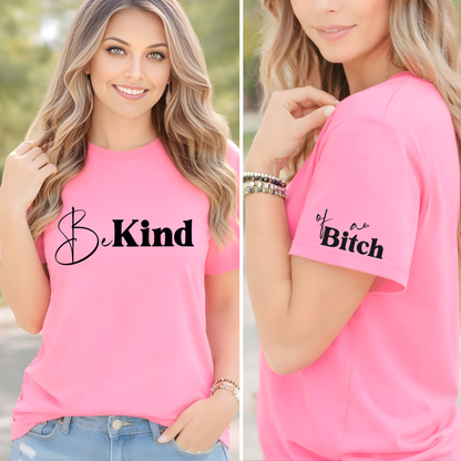 Light pink Be Kind shirt with hidden sleeve message front and side view