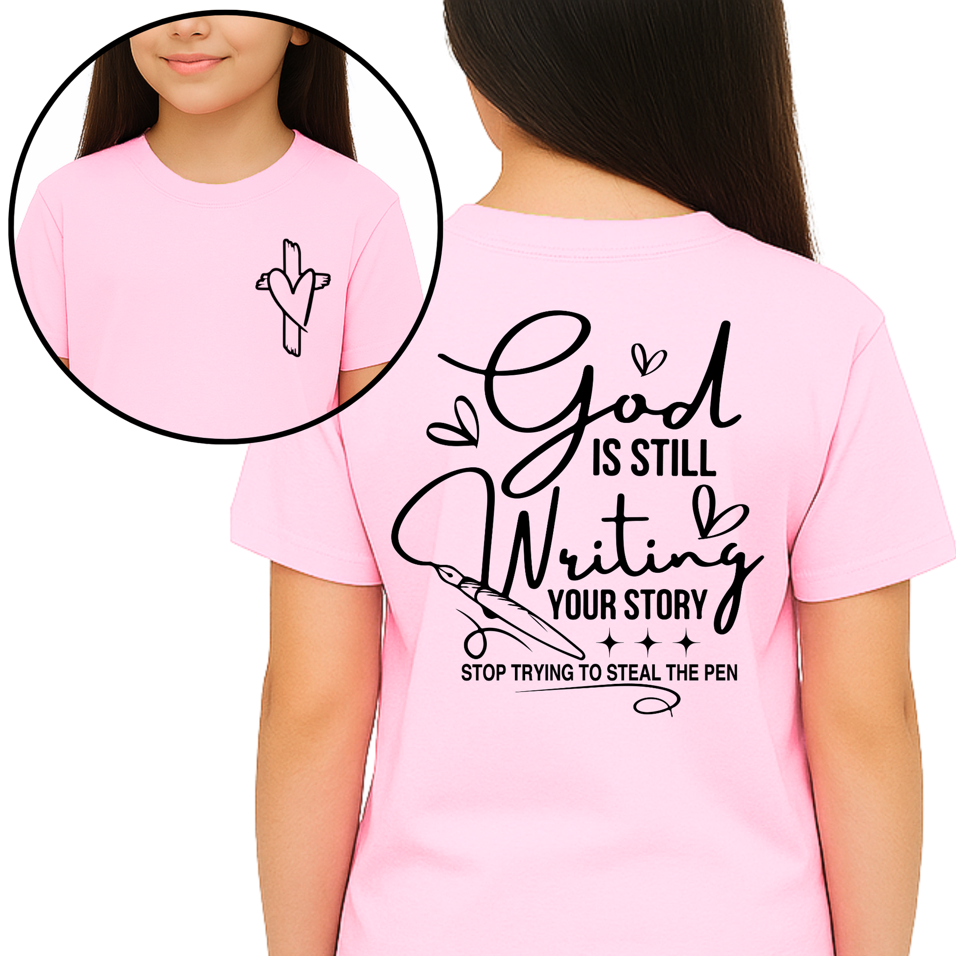 Light pink faith-based tee for girls with God quote design