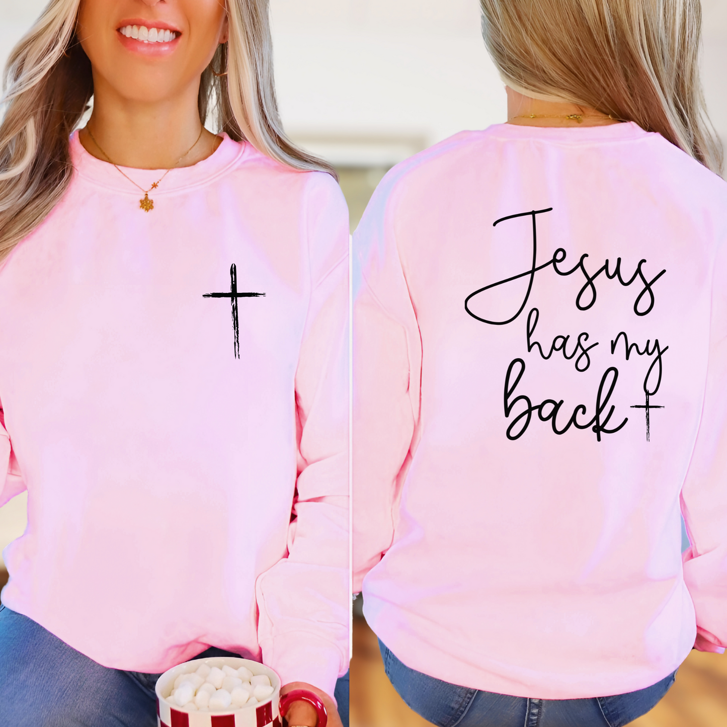 Light pink sweatshirt with bold inspirational back graphic