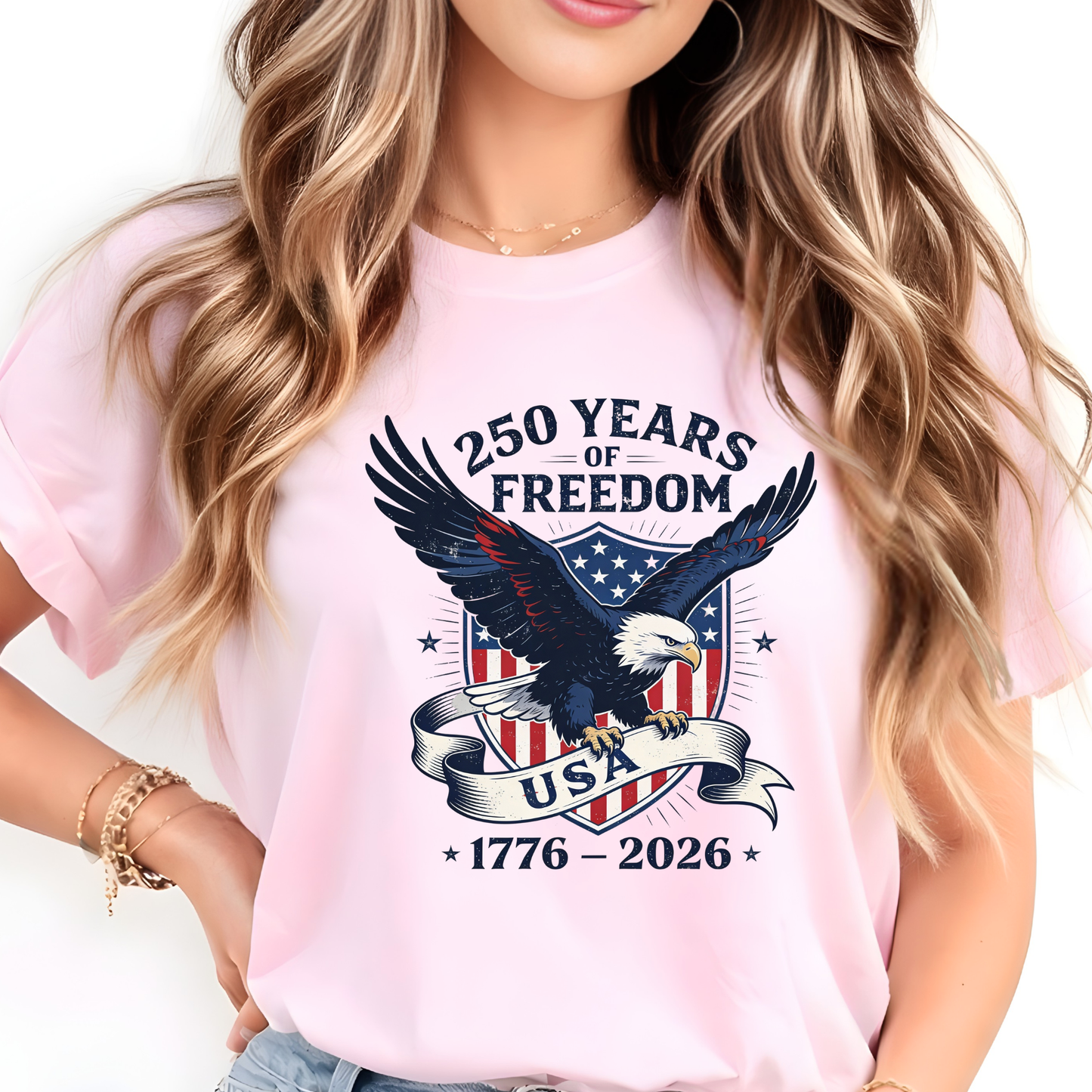 Light pink t-shirt America 250 USA eagle design lifestyle image