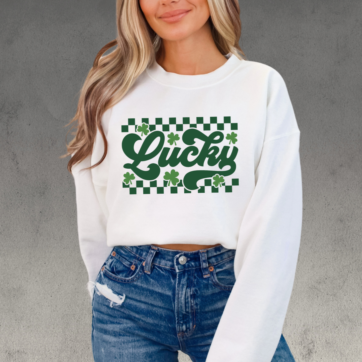 Festive Lucky sweatshirt for St. Paddy’s Day featuring a vintage-inspired green clover and checkered print