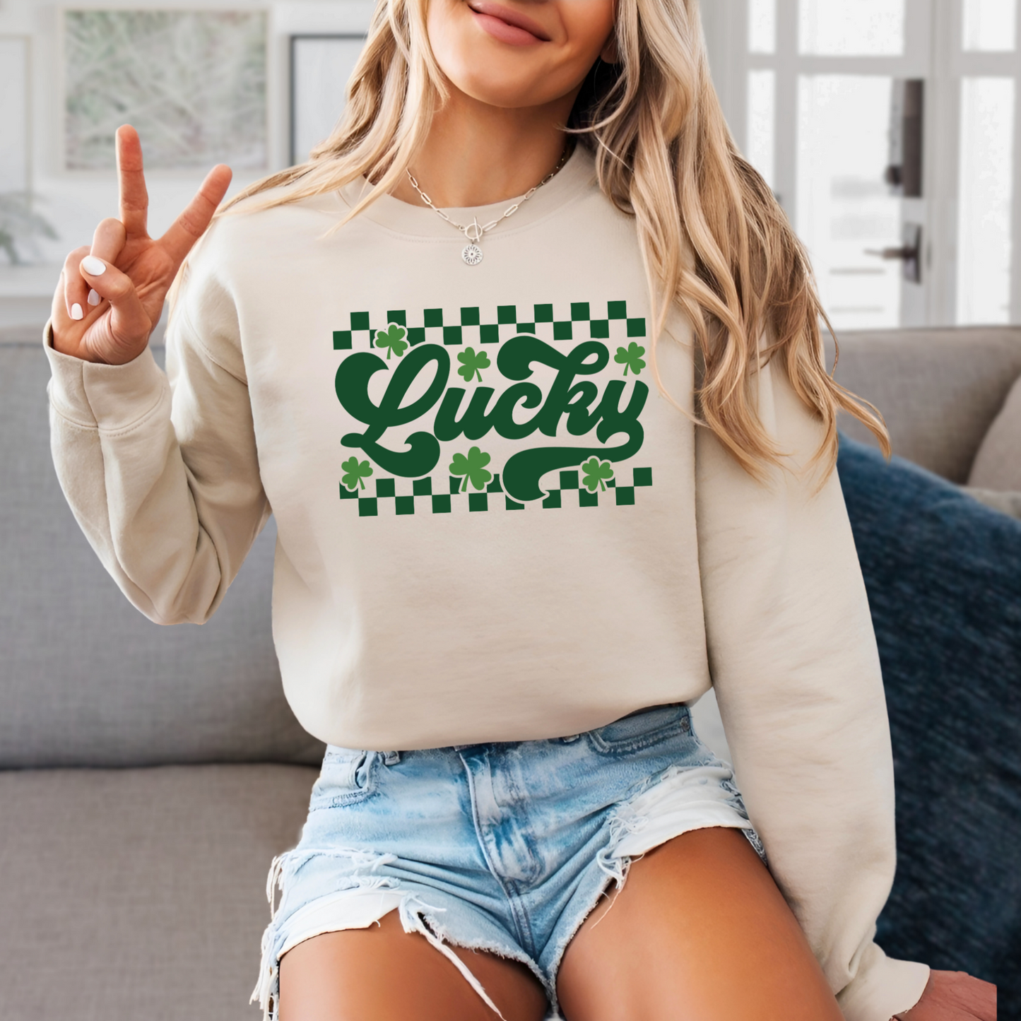 Festive Lucky sweatshirt for St. Paddy’s Day featuring a vintage-inspired green clover and checkered print