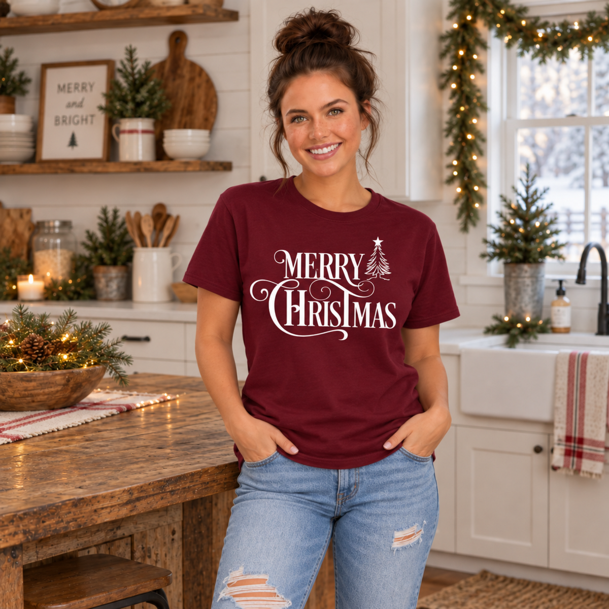Maroon Merry Christmas T-shirt with white holiday lettering, worn in a festive kitchen.