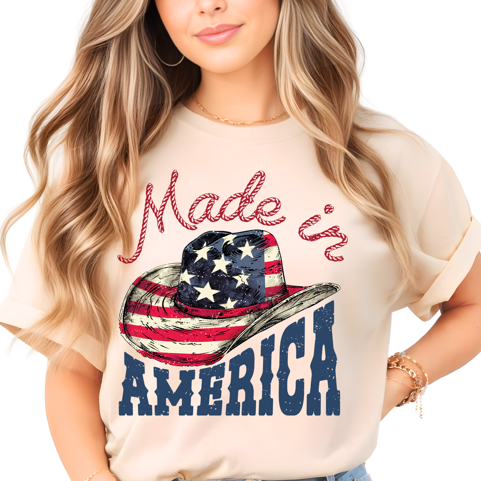 Woman wearing a t-shirt with 'Made in America' graphic design.