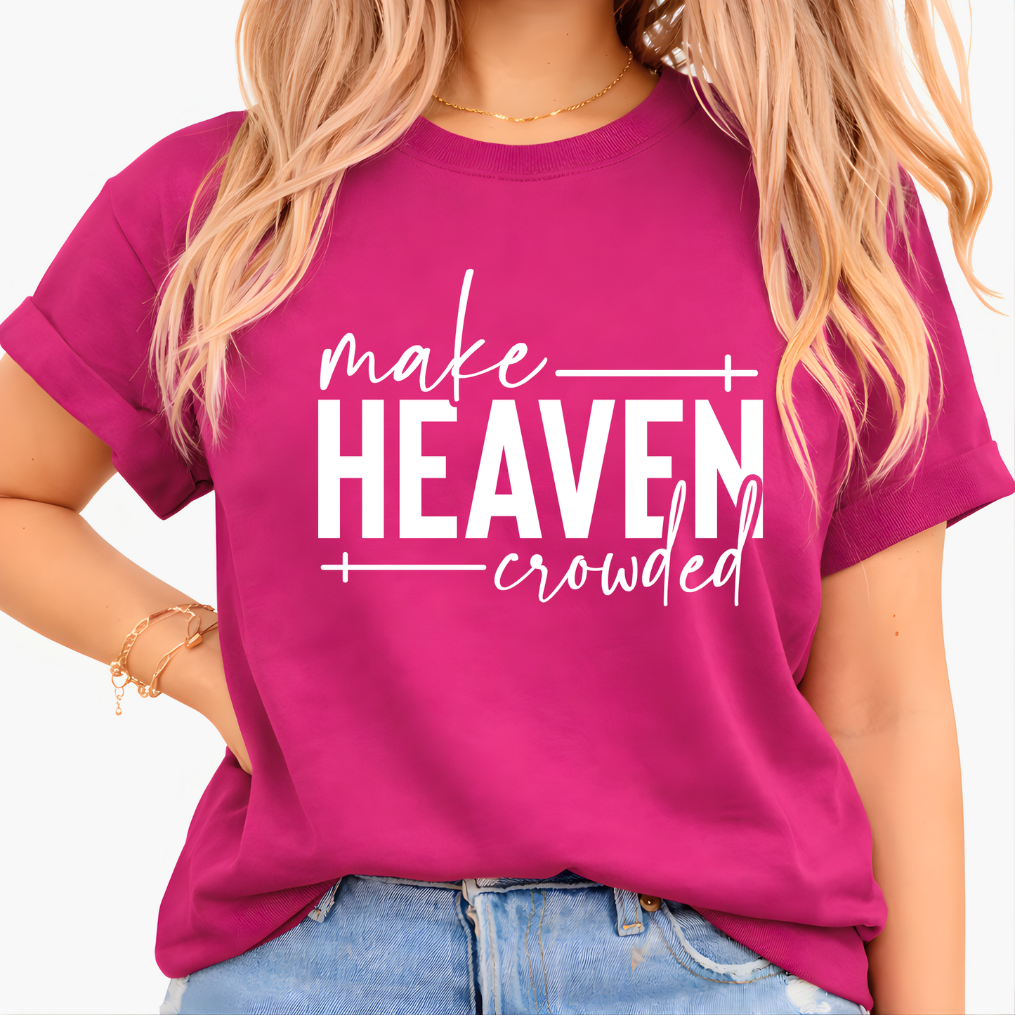 Make Heaven Crowded design on hot pink sweatshirt worn by woman
