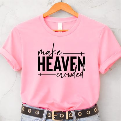 Make Heaven Crowded design on pink short sleeve shirt on hanger