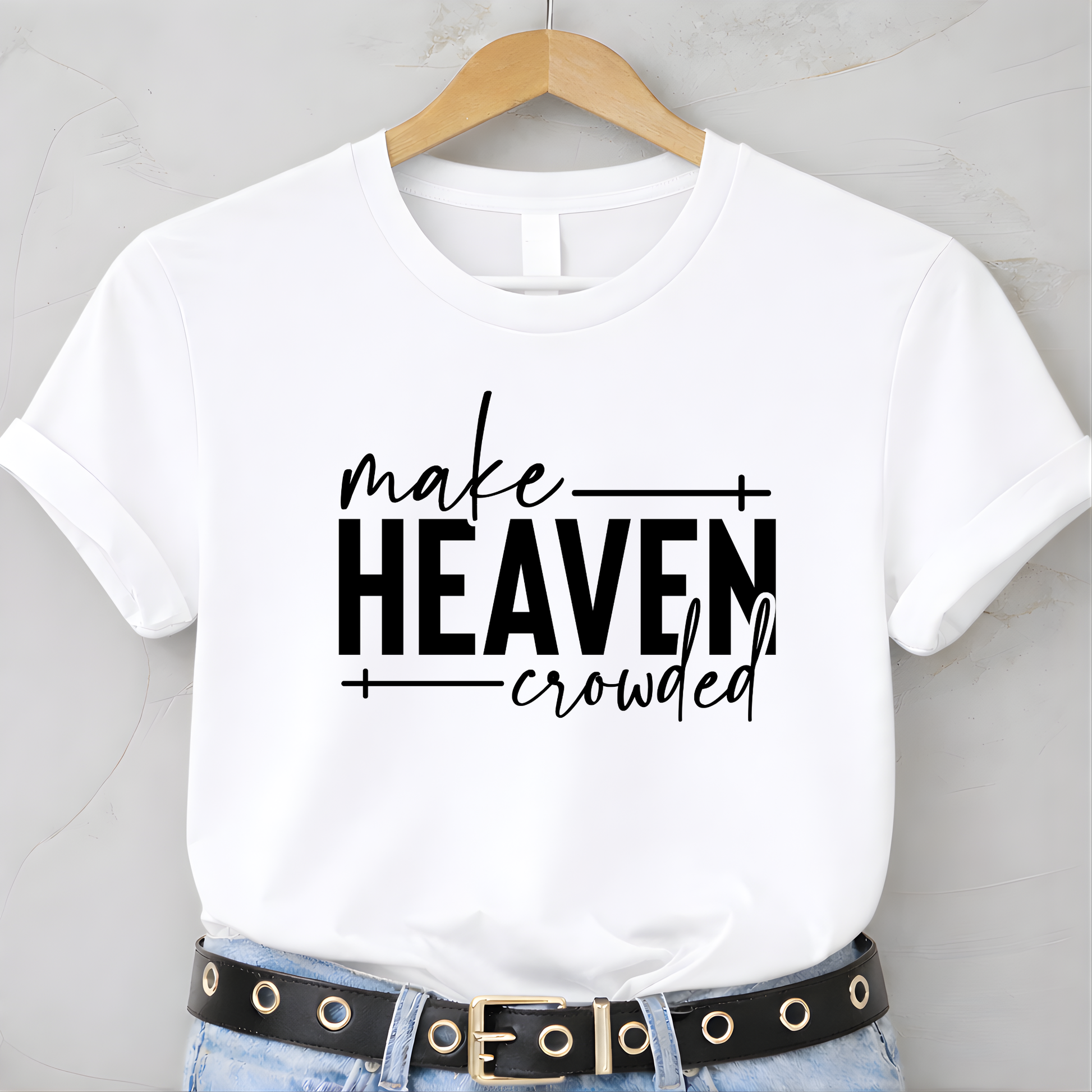 Make Heaven Crowded design on white sweatshirt on hanger