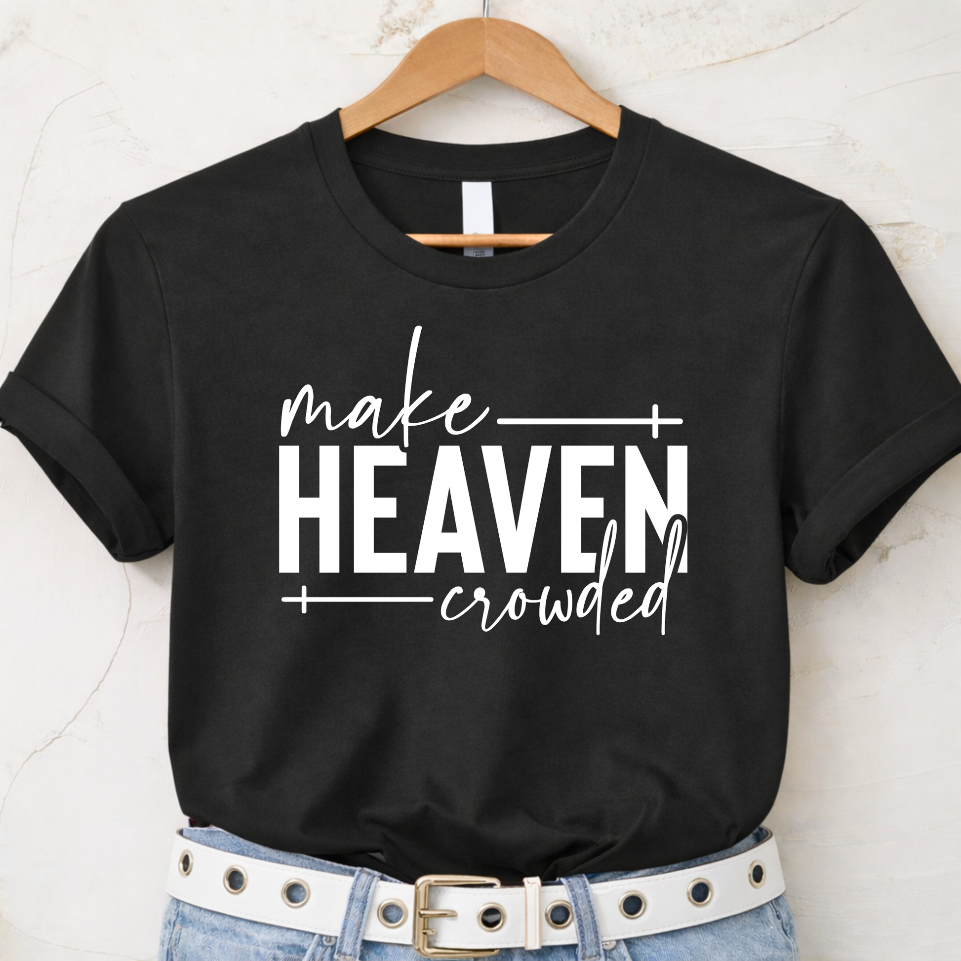 Make Heaven Crowded design on black sweatshirt flat lay