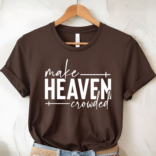 Make Heaven Crowded design on brown short sleeve t-shirt on hanger