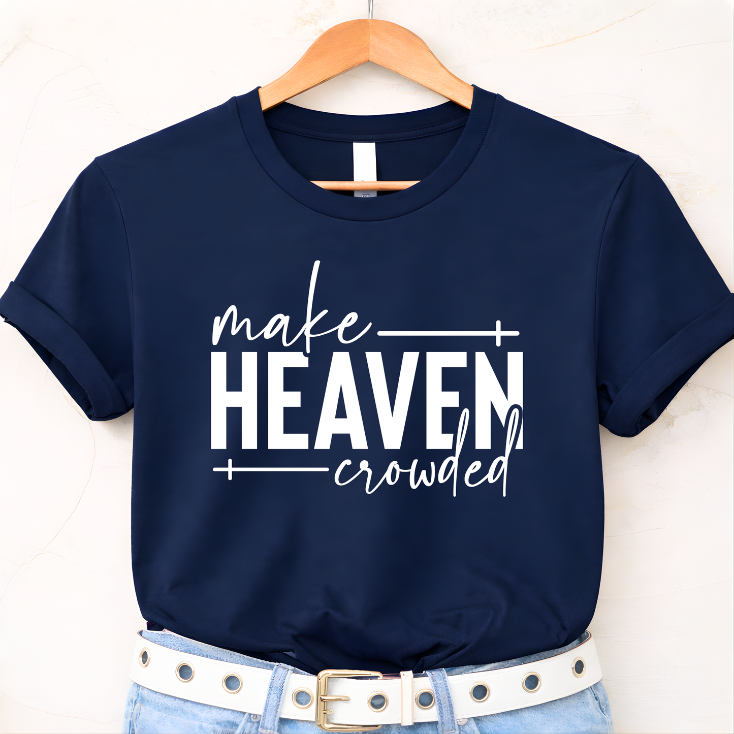 Make Heaven Crowded design on navy sweatshirt flat lay