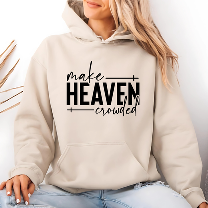 Make Heaven Crowded design on cream sweatshirt worn by woman