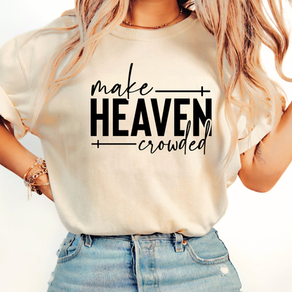 Make Heaven Crowded design on cream sweatshirt flat lay