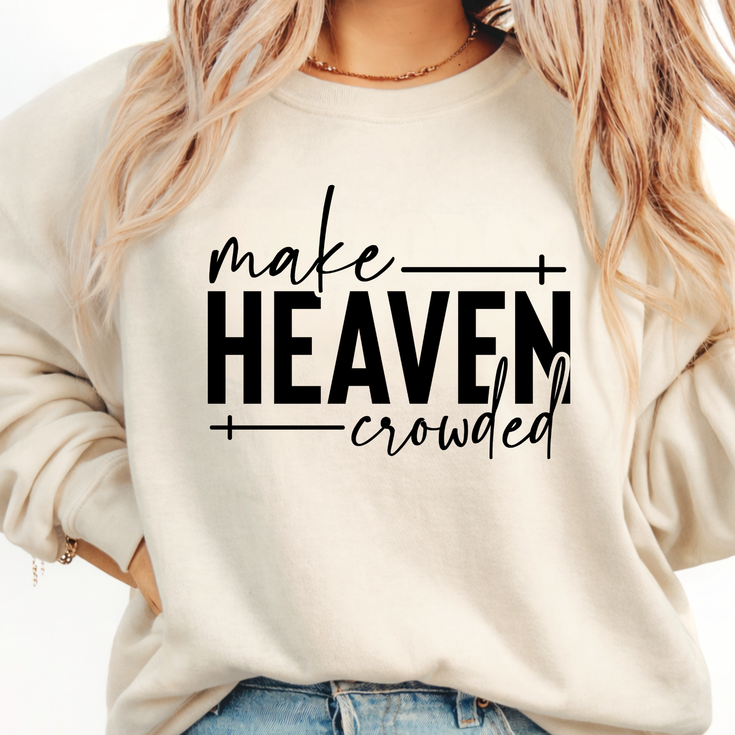 Make Heaven Crowded design on hot pink sweatshirt worn by woman