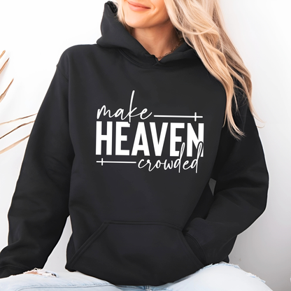 Make Heaven Crowded design on black sweatshirt worn by woman sitting
