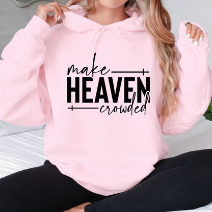 Make Heaven Crowded design on pink sweatshirt worn by woman sitting