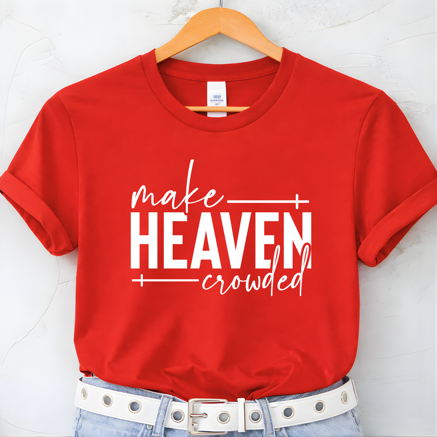 Red Make Heaven Crowded youth sweatshirt flat lay on hanger
