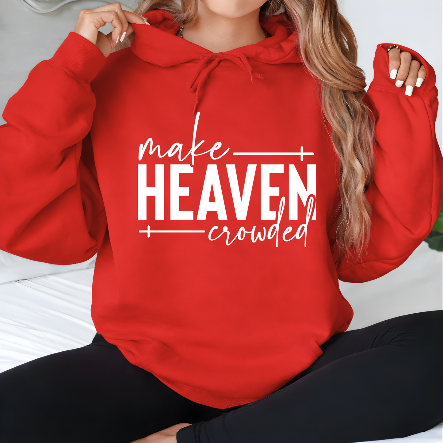 Make Heaven Crowded design on red sweatshirt