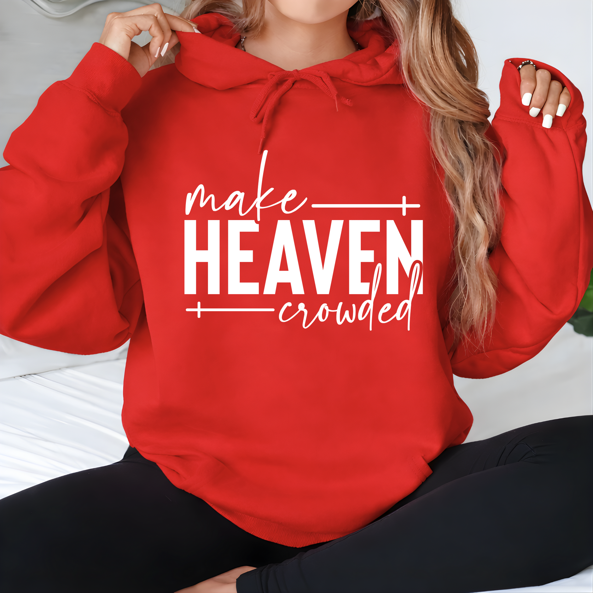 Make Heaven Crowded design on red sweatshirt