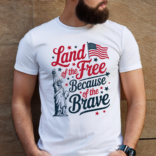 Man in a white t-shirt with a bold red, white, and blue American freedom print


