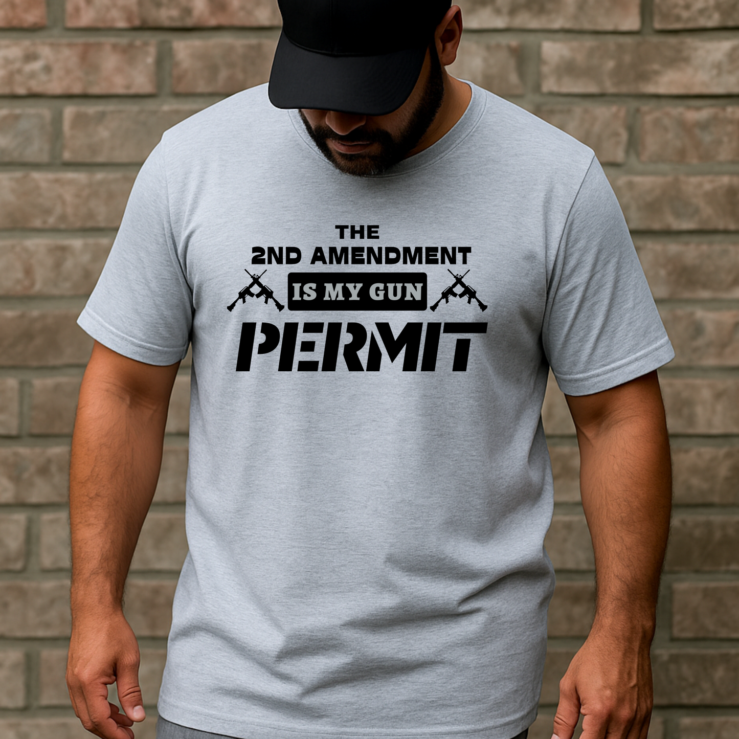 Man in sport gray t-shirt featuring black “2nd Amendment Is My Gun Permit” design with crossed rifles