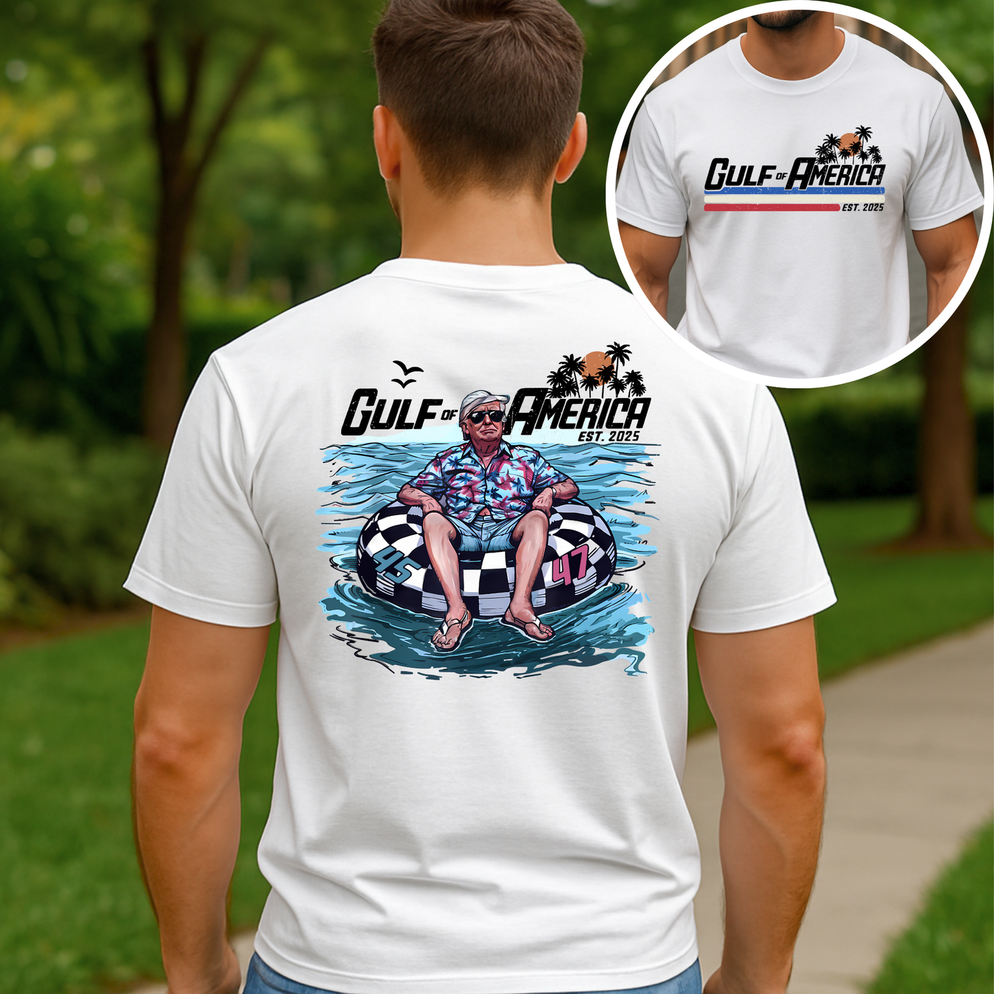 Man in white  Patriotic shirt showing full back illustration and small front print

