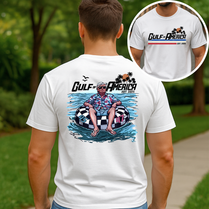 Man in white  Patriotic shirt showing full back illustration and small front print

