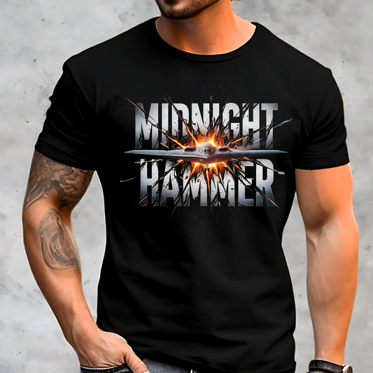 Man wearing Midnight Hammer stealth bomber T-shirt with explosion design – front view