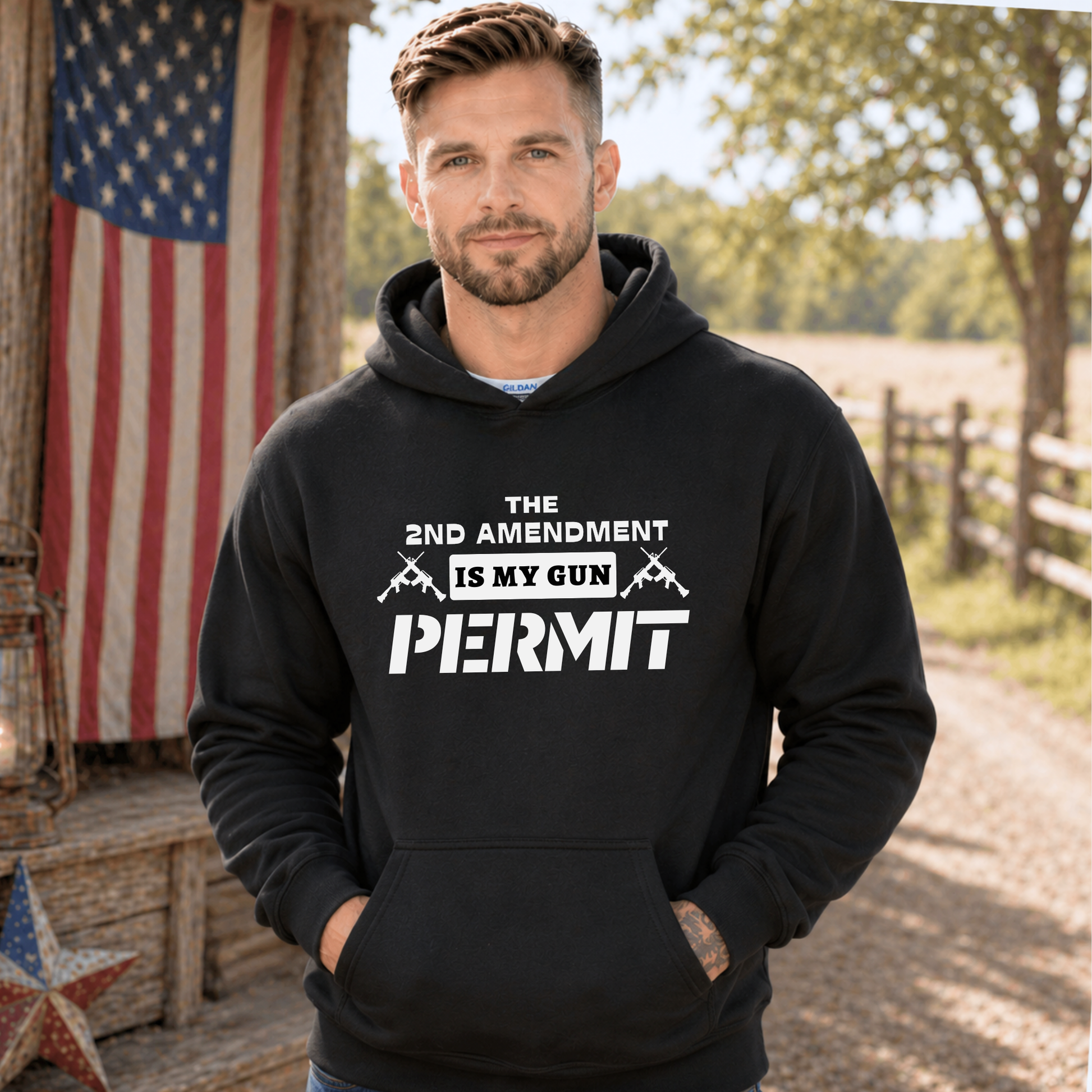 Man wearing a black  2nd Amendment hoodie