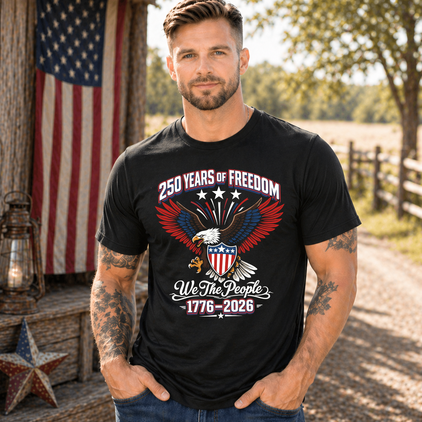 Man wearing a black America 250 t-shirt with an eagle graphic and text in front of an American flag.