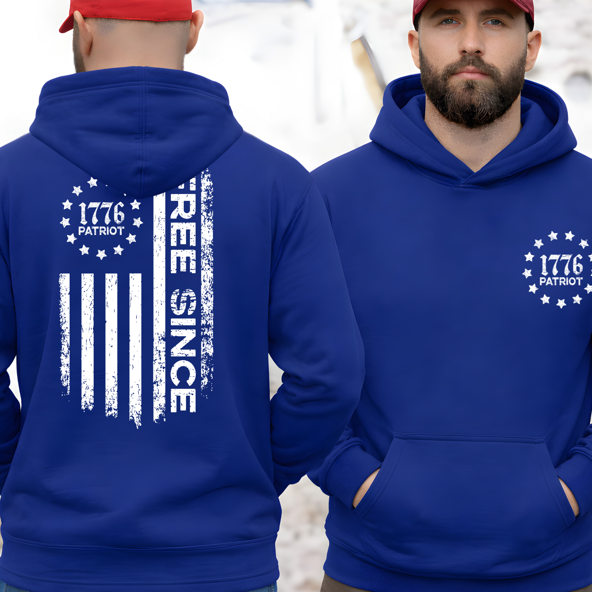 Man wearing a blue hoodie with 1776 Patriot design on the front and back.