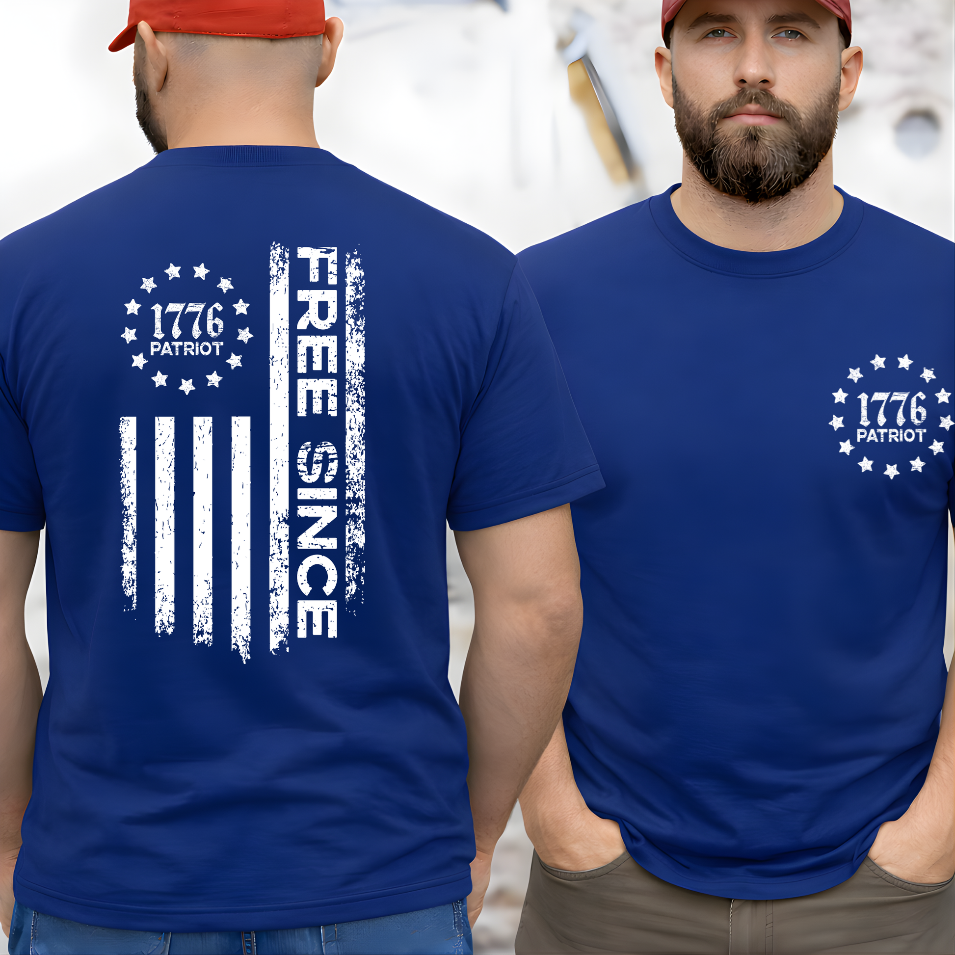 Man wearing a blue t-shirt with '1776 Patriot' design on the front and back.